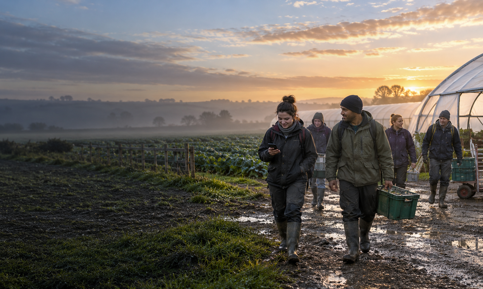 Seasonal agricultural workers arriving at a field